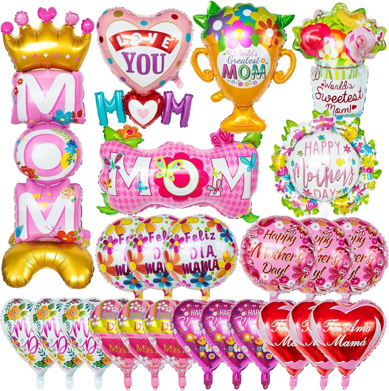 24 Pcs Mothers Day Balloons, Happy Mother's Day Mylar Balloon, Feliz Dia Mama Foil Balloons for Best Mom Ever Mom Party Birthday Decorations Supplies
